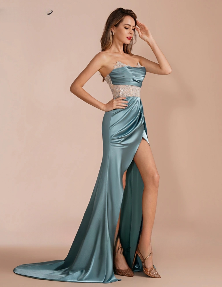 Ophelia formal high shop slit satin dress