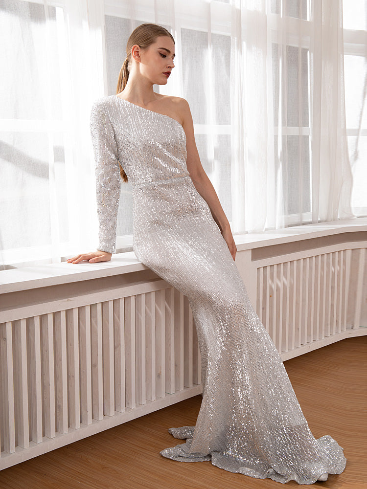 Long sleeve silver hot sale sequin gown